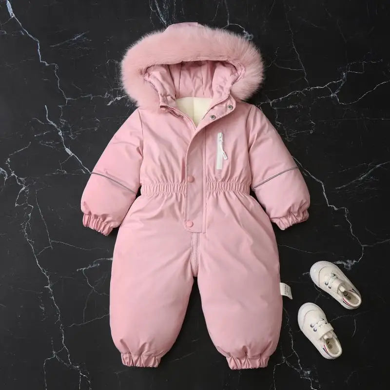 Combinaison ski bébé hiver capuche fourrure - grenouillère coupe-vent épaisse garçon/fille