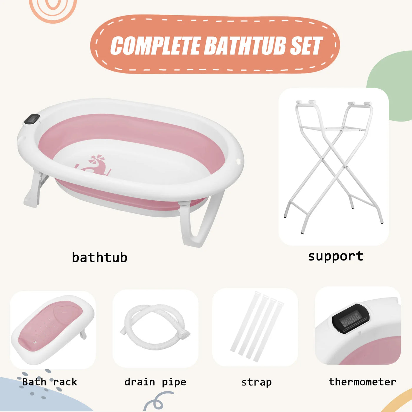 Baignoire bébé 0-18 mois pliable ergonomique - siège bain thermomètre avec support gris bleu rose