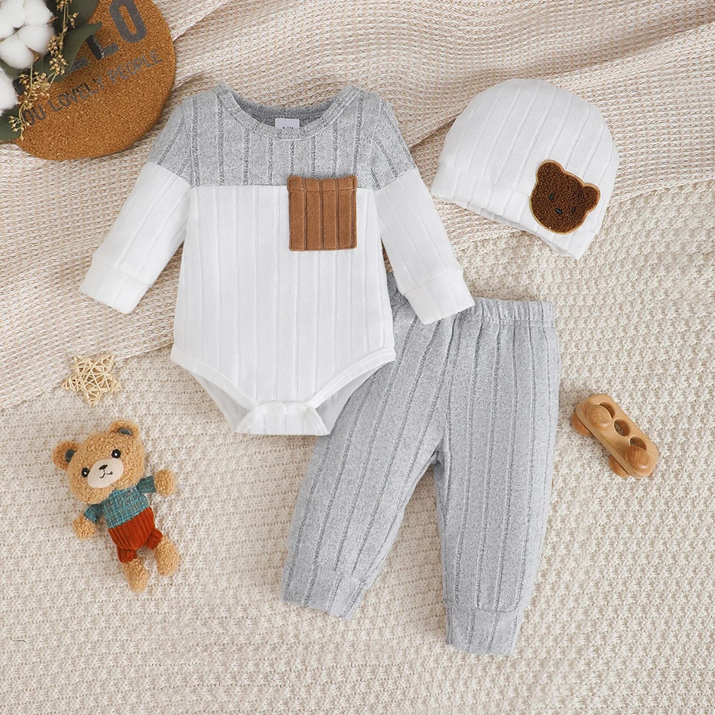 Ensemble 3 pièces bébé garçon rayé Bouni — Haut + Pantalon + Bonnet 0-18M