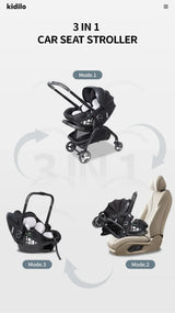 Poussette 3-en-1 portable nacelle bébé siège auto de luxe pliable