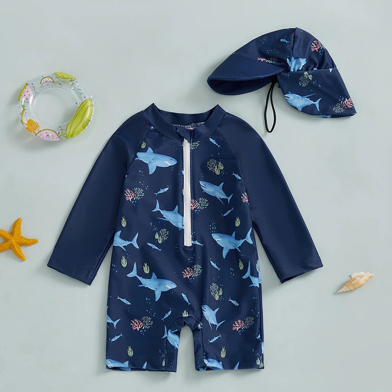 Combinaison bain 2 pièces garçon Bouni — motif requin bleu ciel