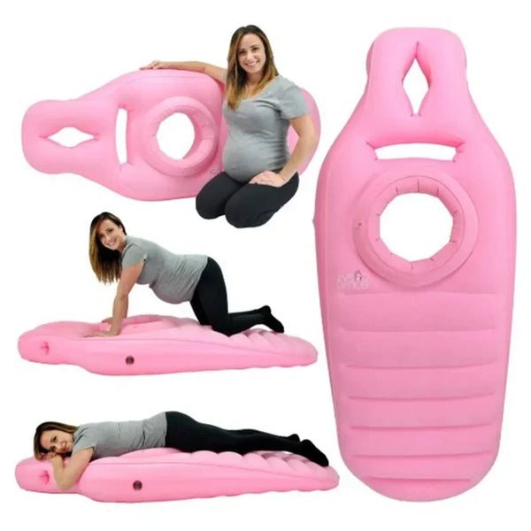 Matelas de grossesse gonflable rose, vues d'ensemble et positions d'utilisation | Mybooni
