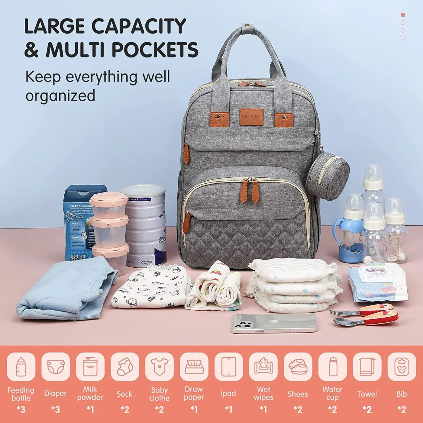 Sac à langer imperméable avec rangement organisé pour parents