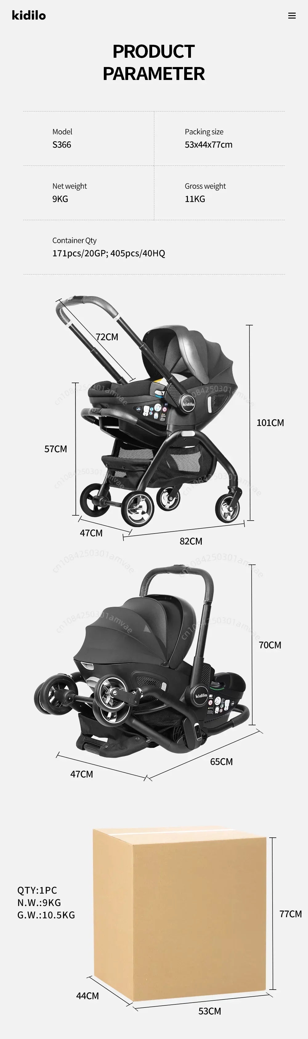 Poussette 3-en-1 portable nacelle bébé siège auto de luxe pliable
