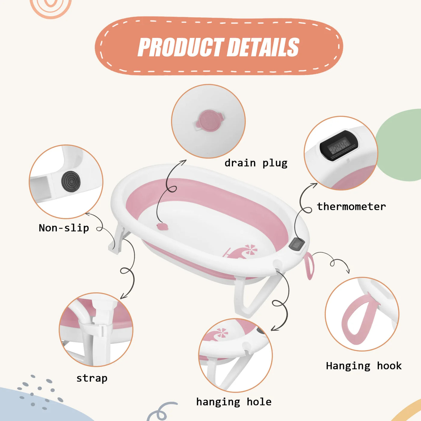 Baignoire bébé 0-18 mois pliable ergonomique - siège bain thermomètre avec support gris bleu rose