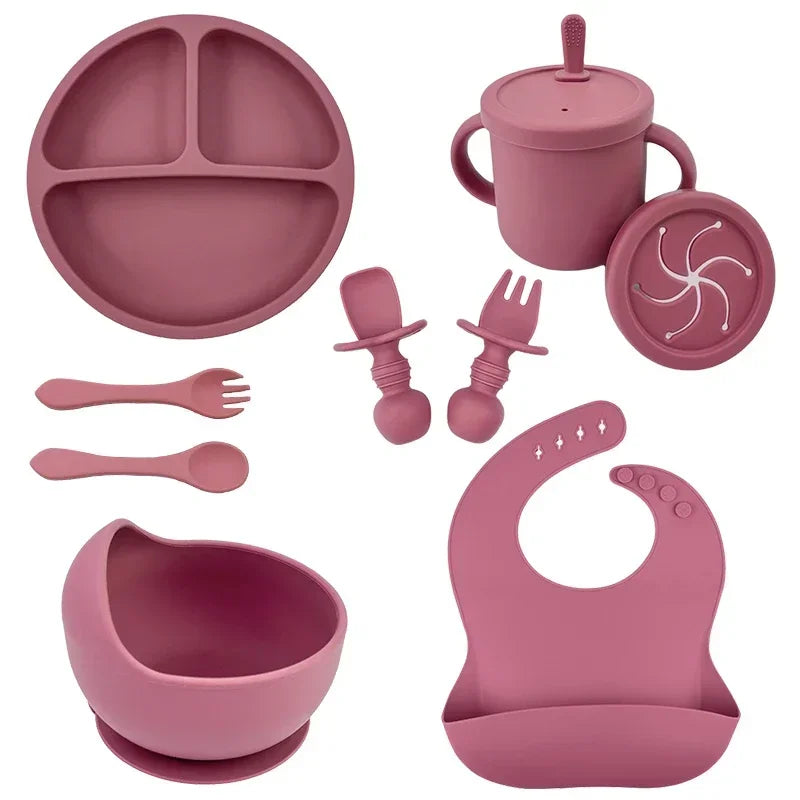 Set vaisselle bébé silicone sans BPA Mybooni — Bol ventouse assiette tasse couverts