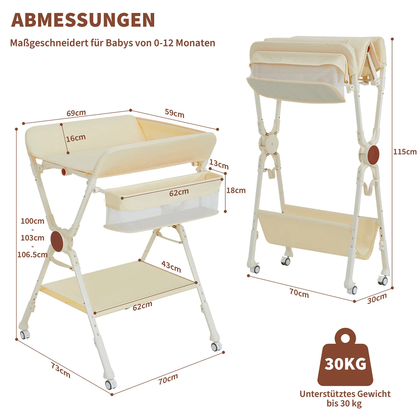 Table à langer réglable Mybooni — Métal et tissu rangement ceinture et roulettes