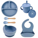 Set repas bébé silicone sans BPA ventouse - bol assiette tasse paille cuillère fourchette enfant