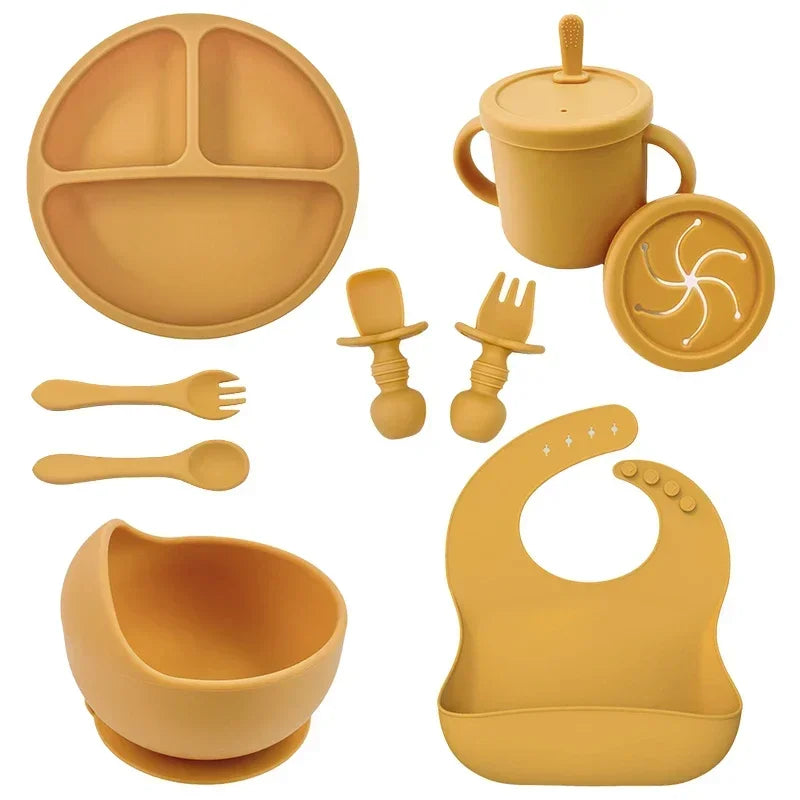 Set repas bébé silicone sans BPA ventouse - bol assiette tasse paille cuillère fourchette enfant