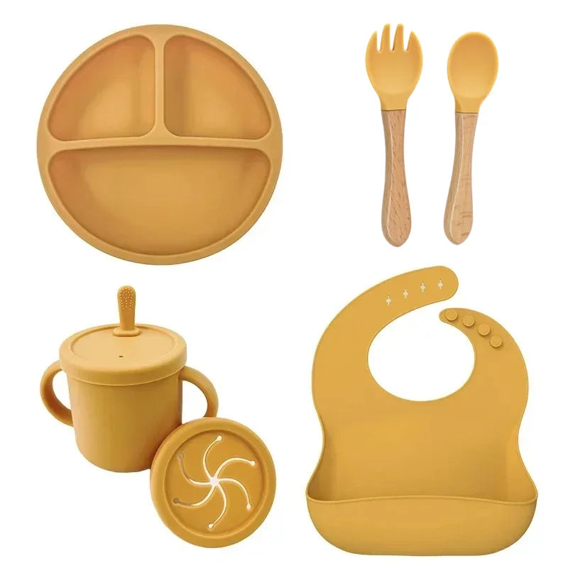 Set repas bébé silicone sans BPA ventouse - bol assiette tasse paille cuillère fourchette enfant