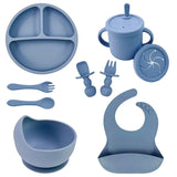 Set repas bébé silicone sans BPA ventouse - bol assiette tasse paille cuillère fourchette enfant