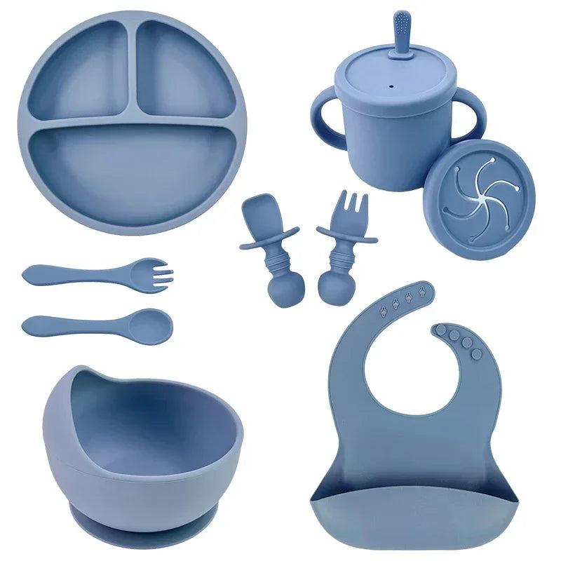 Set vaisselle bébé silicone sans BPA Mybooni — Bol ventouse assiette tasse couverts
