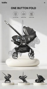 Poussette 3-en-1 portable nacelle bébé siège auto de luxe pliable