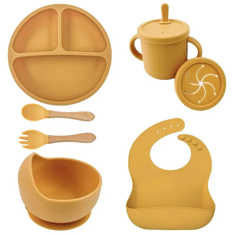 Set repas bébé silicone sans BPA ventouse - bol assiette tasse paille cuillère fourchette enfant