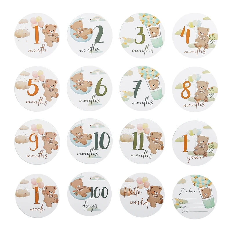 Cartes jalons bébé Bouni | 16 cartes mensuelles ours gravé — Souvenir naissance
