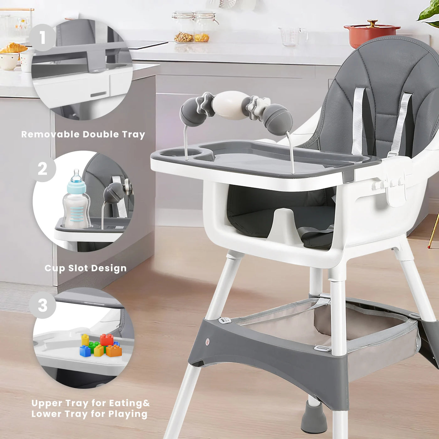 Chaise haute bébé convertible portable double plateau et barre jouets