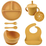 Set repas bébé silicone sans BPA ventouse - bol assiette tasse paille cuillère fourchette enfant