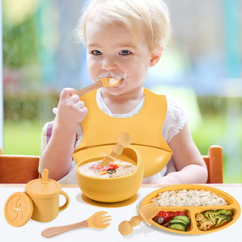 Set repas bébé silicone sans BPA ventouse - bol assiette tasse paille cuillère fourchette enfant