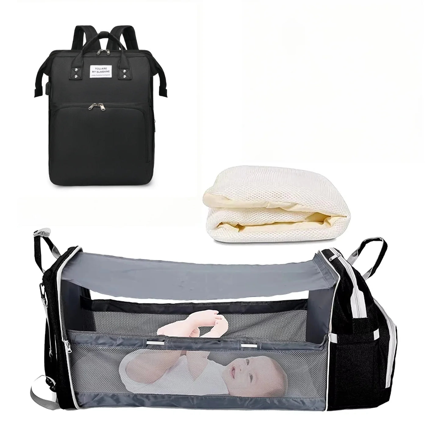 Sac à dos à langer 3-en-1 Mybooni — Table à langer + Lit de voyage + Port USB