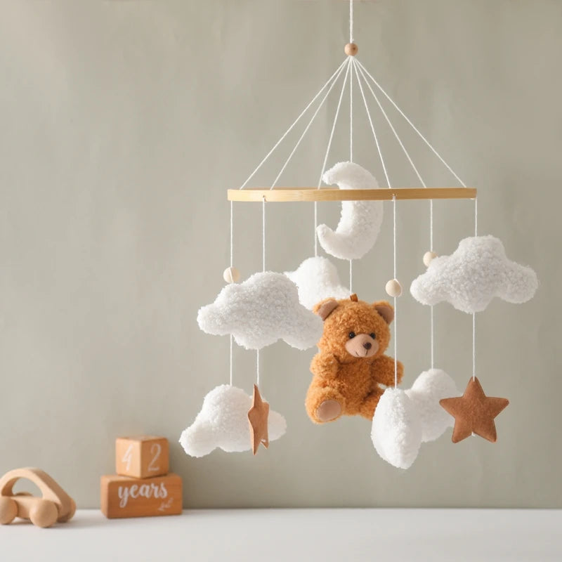 Mobile lit bébé bois feutrine ours cartoon - carillon musical avec support berceau
