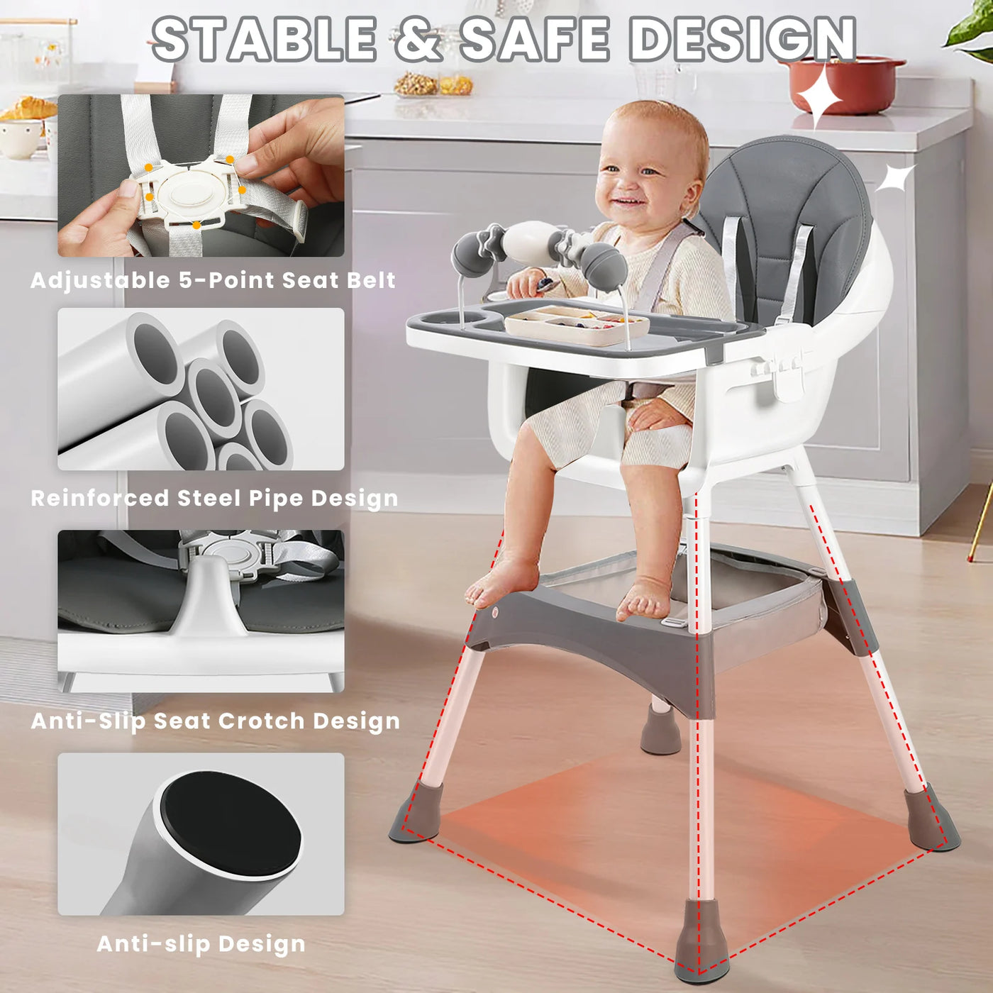 Chaise haute bébé convertible portable double plateau et barre jouets