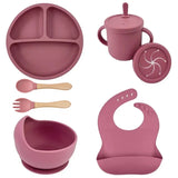 Set repas bébé silicone sans BPA ventouse - bol assiette tasse paille cuillère fourchette enfant